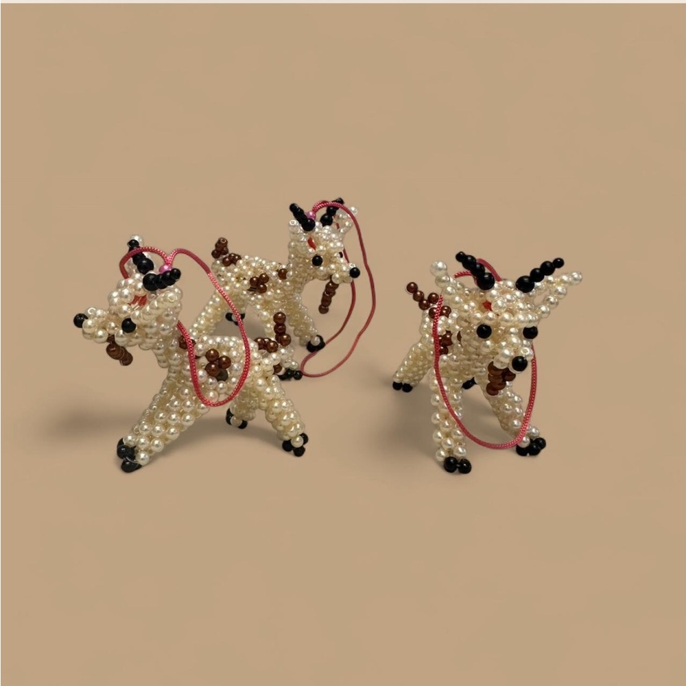 Set of 3 Handmade Beaded Reindeer Ornaments – Brown